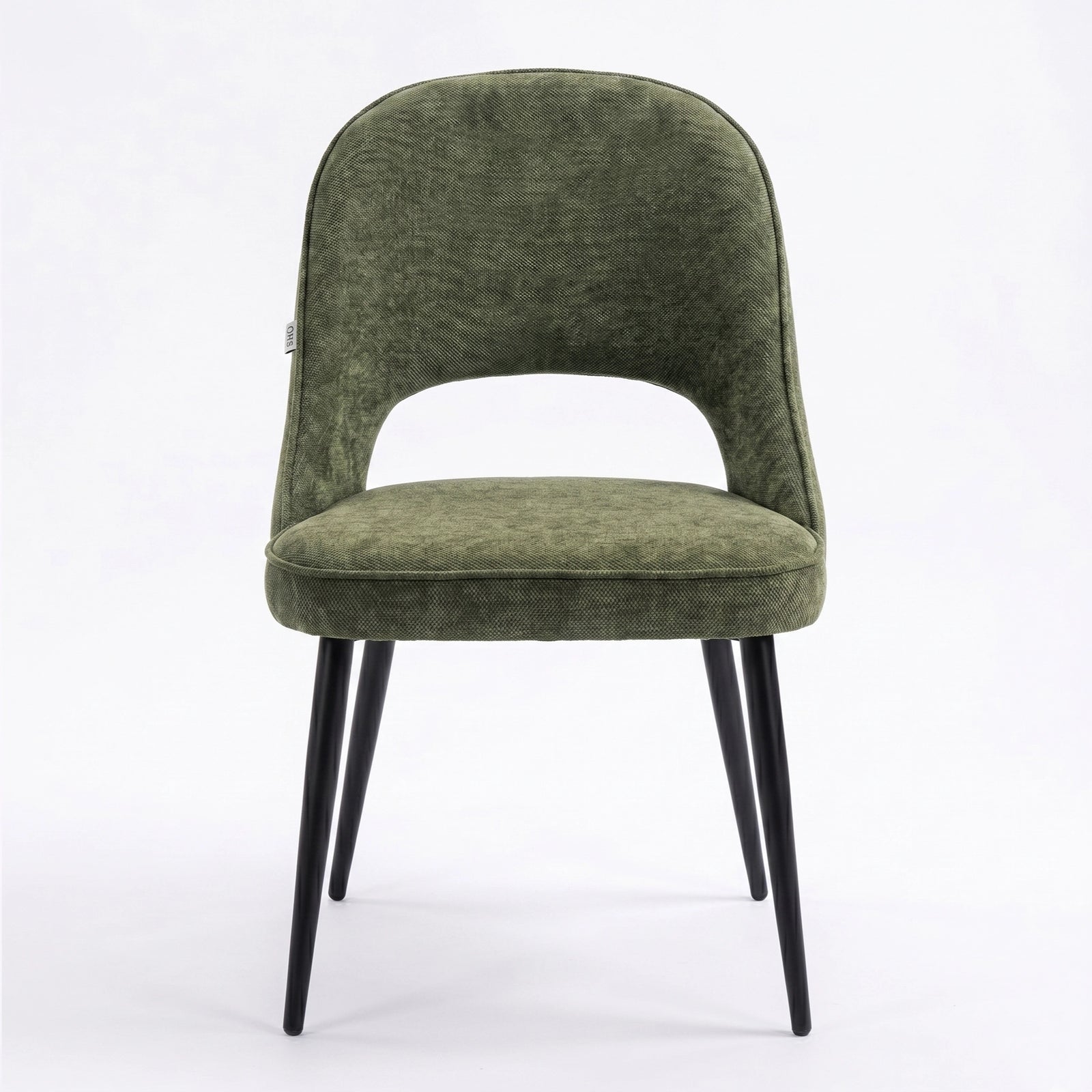 [Green | Set of 2] Front view of the comfy fabric dining chair with rounded open back, piped seat and four black metal legs.