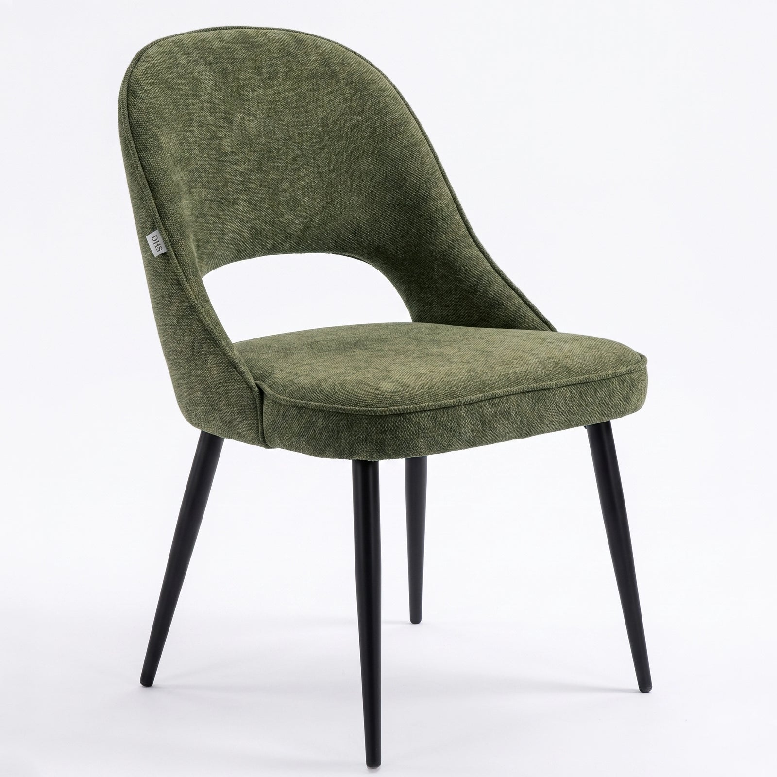 [Green | Set of 2] Angled view of fabric dining chair with rounded open back, piped seat and four black legs.