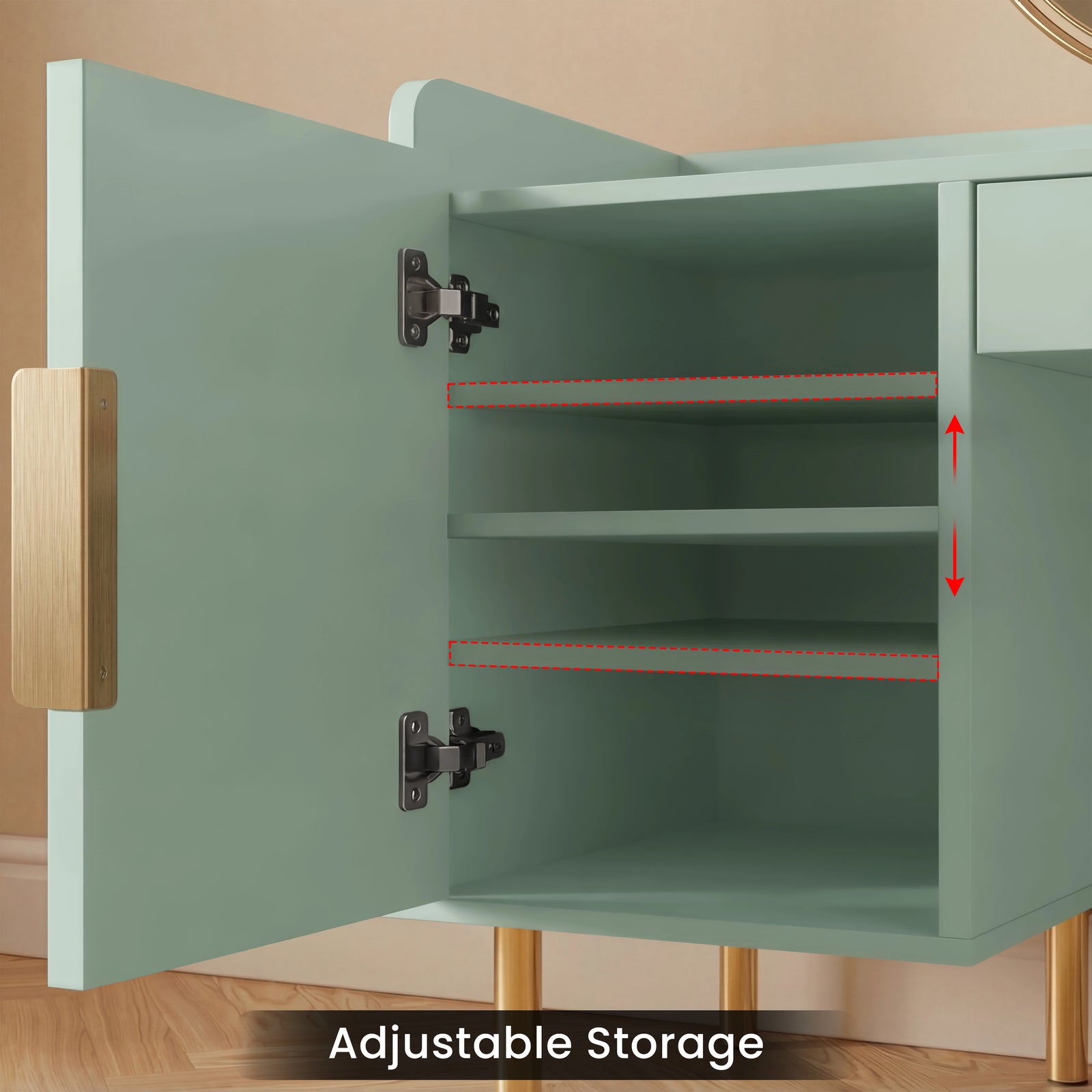 [Sage Green] three-color lighting comparison of the sage green dressing table mirror plus a 0 to 100 brightness slider