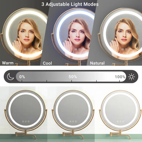 Flutrina design vanity dressing table with LED lights showing three adjustable light modes and brightness settings