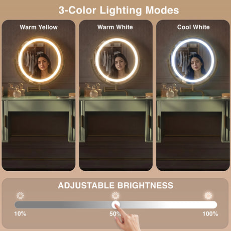 Flutrina design green vanity dressing table with LED lights showing three adjustable light modes and brightness settings