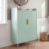 [Green] Fluted Green Painted 5 Tier Shoe Storage closed in hallway with fluted doors, brass handle and legs