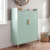 [Green] Fluted Green Painted 5 Tier Shoe Storage closed in hallway with fluted doors, brass handle and legs