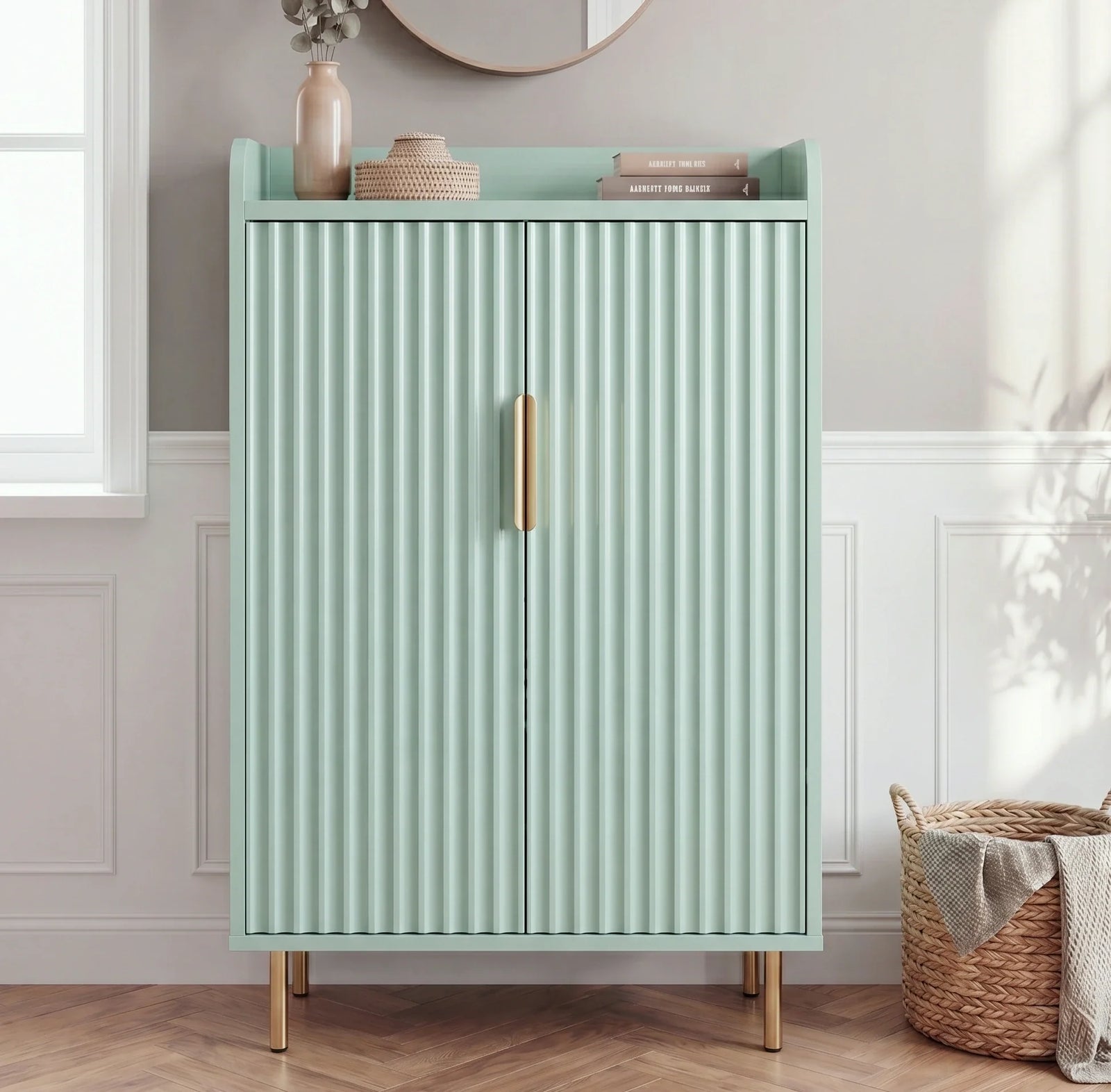 [Green] Fluted Green Painted 5 Tier Shoe Storage front view with ribbed twin doors, brass handles, raised tray top