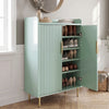 [Green] Fluted Green Painted 5 Tier Shoe Storage shown open with shoes, fluted door, gold legs in hallway