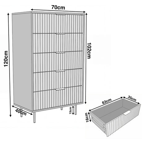 Green chest of drawers dimension diagram with width 70 cm, height 120 cm, and depth 40 cm, with drawer sizes