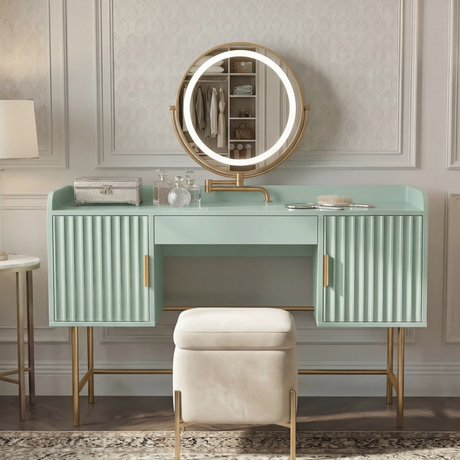 A stylish green flutrina dressing table with a round LED mirror, gold metal legs, and clean storage compartments