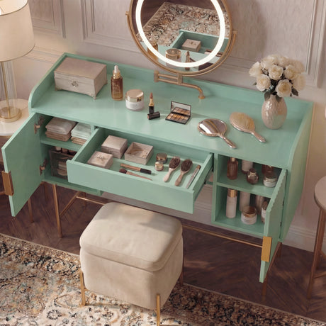 A stylish green flutrina dressing table with a round LED mirror, gold metal legs, and clean storage compartments