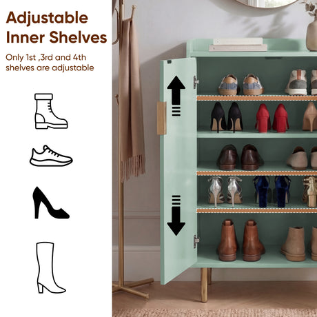 [Green] Flutrina shoe cabinet with door open showing five adjustable inner shelves holding heels, sneakers, and ankle boots