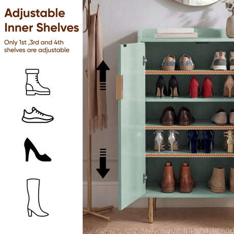 [Green | 60cm] Flutrina shoe cabinet door open showing adjustable shelves with shoes and arrows marking height options