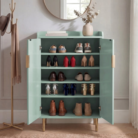 [Green | 60cm] Flutrina shoe cabinet with both doors wide open in a hallway showing five shelves of heels, boots, shoes