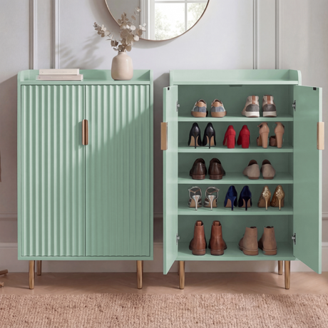 [Green] Flutrina shoe cabinet shown side by side closed and open, displaying ribbed exterior and five-shelf interior with mixed footwear