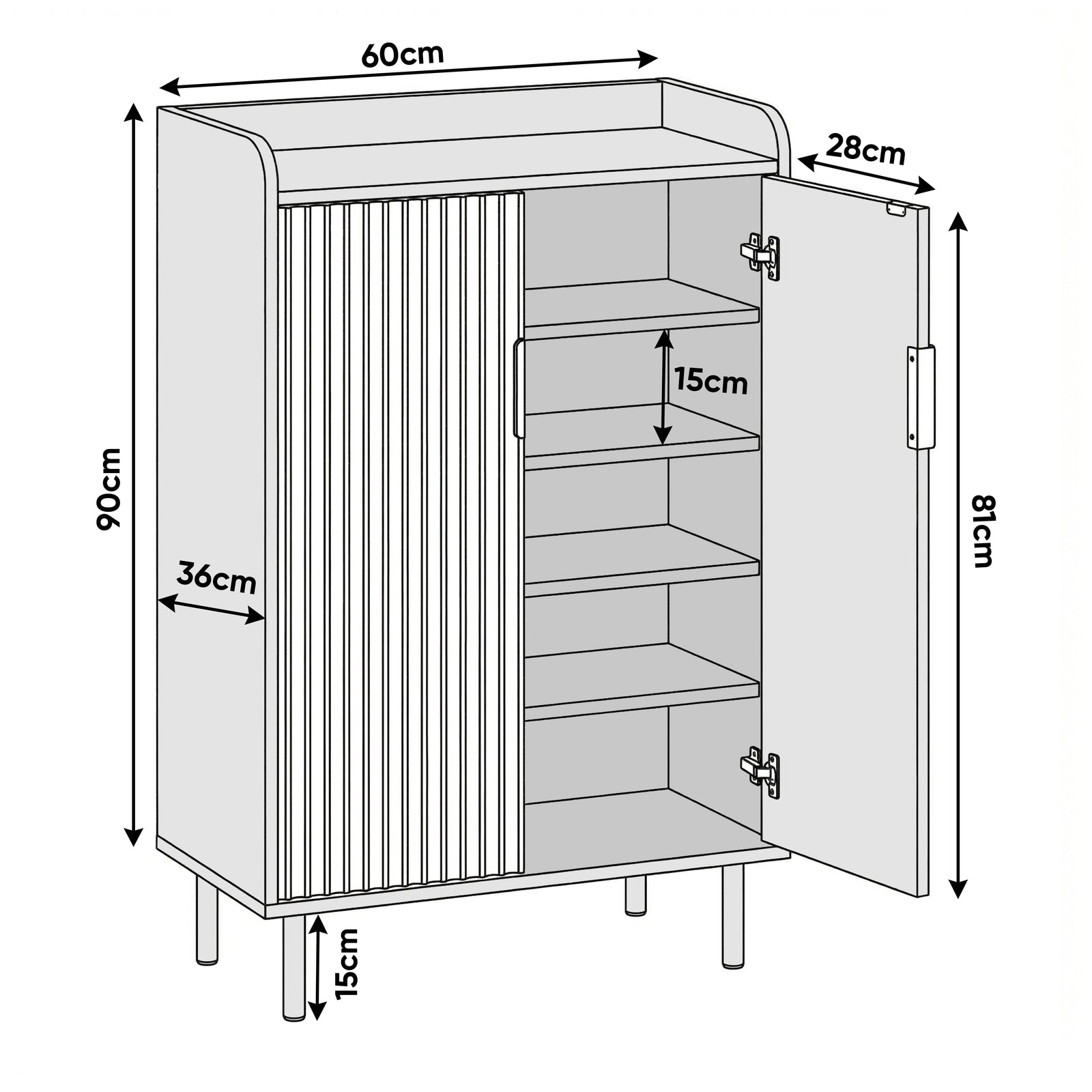[Green] Flutrina shoe cabinet size guide showing W60 x D28 x H90cm with 81cm door height and 15cm leg clearance