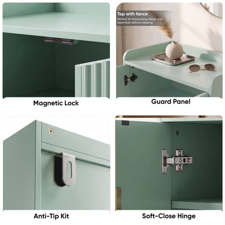 [Green | 60cm] Flutrina detail quad showing magnetic lock, raised guard panel, anti-tip bracket, and soft-close hinge