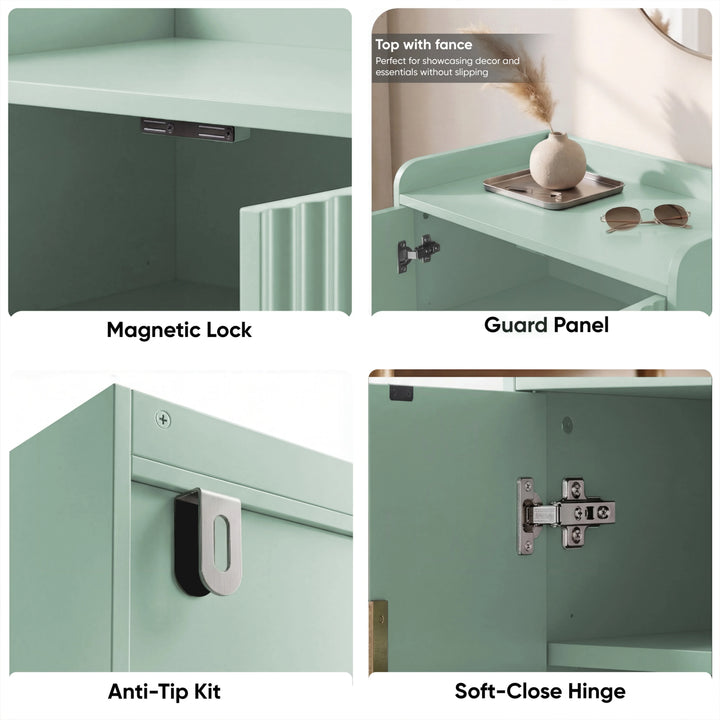 [Green] Flutrina shoe cabinet pair view, fluted closed front next to open interior with five shelves of footwear