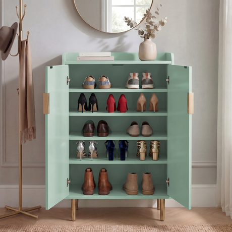 [Green] Flutrina shoe cabinet fully open showing five shelves storing heels, flats, loafers, and ankle boots in a styled hallway