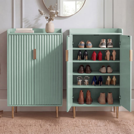 [Green | 60cm] Two Flutrina shoe cabinets placed together, one with doors closed and one open showing shoe storage