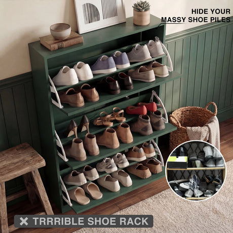 Green multi-tier shoe organiser open view showing structured shelving for compact storage
