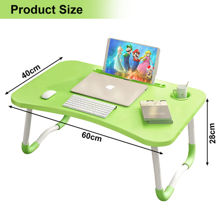 Green laptop desk with ergonomic design and compact dimensions for convenient use.