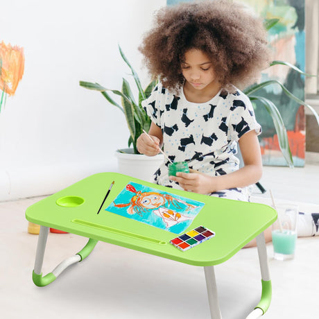 Green laptop table with ergonomic design for comfortable and efficient use.