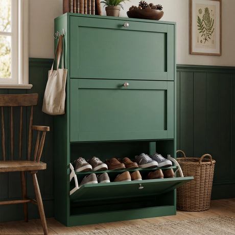 Green hallway shoe organiser angled view with pull-down compartment and lower open rack for daily footwear storage