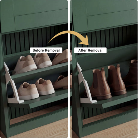 Green multi-tier shoe organiser shelf shown before and after divider removal to fit taller boots