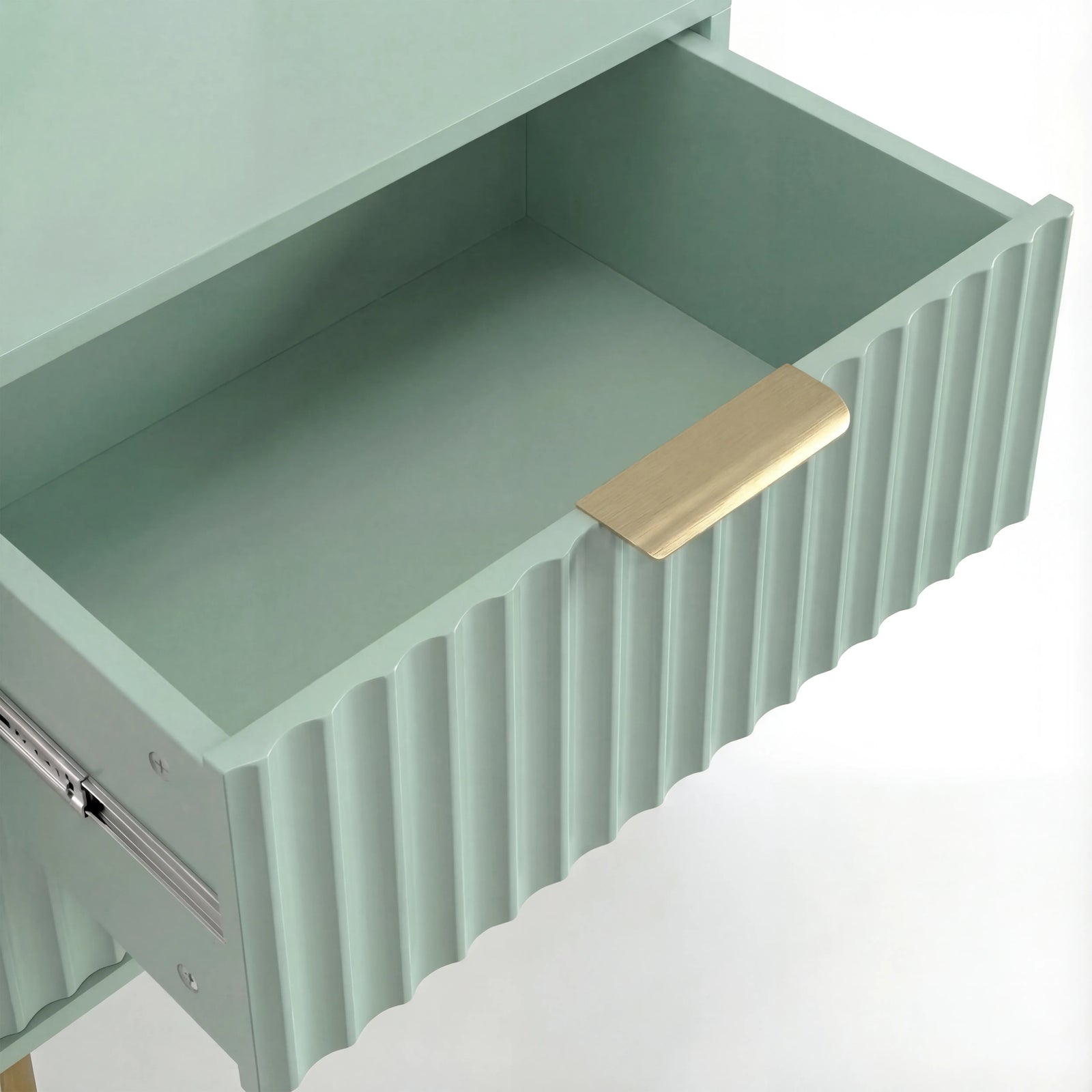 [Sage Green] Inside view of sage green flutrina drawer with ribbed side panel and gold bar pull