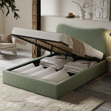 Curved headboard ottoman storage bed in light green boucle fabric with lifted mattress revealing hidden storage space, ideal for modern bedrooms.