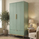 Green double door wardrobe cabinet with vertical surface pattern and golden finish, metal handles, and legs
