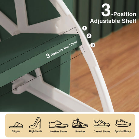 Green pull-down shoe cabinet with three-position adjustable shelf system for varied footwear heights