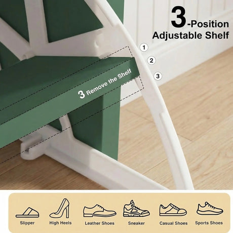[Green] Shaker Shoe Cabinet shelf adjustment detail showing three positions and icons for heels sneakers slippers and sports shoes