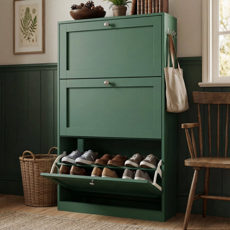 Green shaker shoe cabinet positioned in hallway with lower open rack for frequently worn footwear