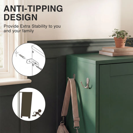 Green shaker shoe storage unit anti-tipping safety design with secure wall anchoring support detail