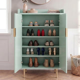 [Green] Fluted Green Painted 5 Tier Shoe Storage closed in hallway with ribbed doors, brass handles, and slim legs