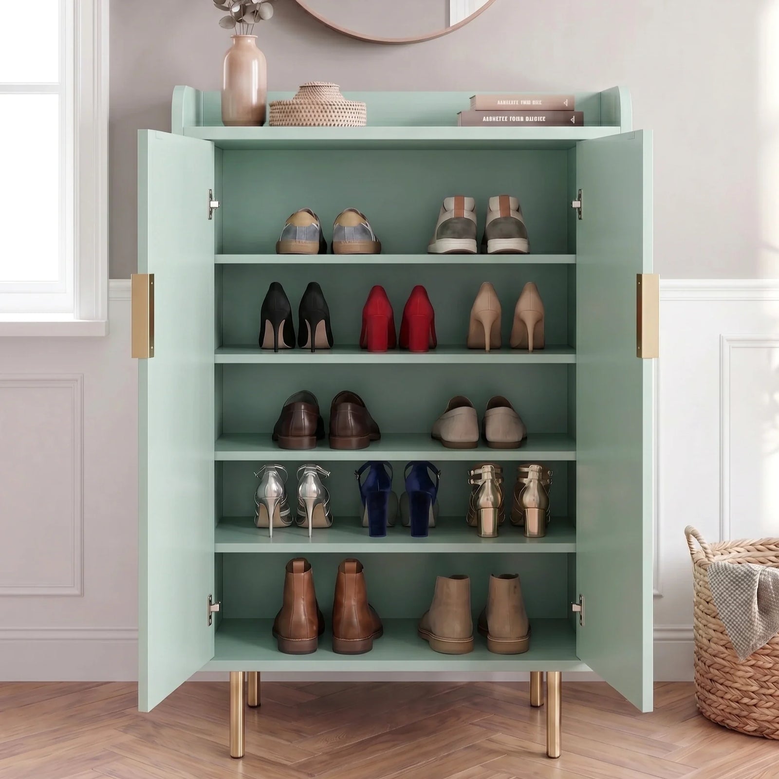 [Green] Fluted Green Painted 5 Tier Shoe Storage closed in hallway with ribbed doors, brass handles, and slim legs