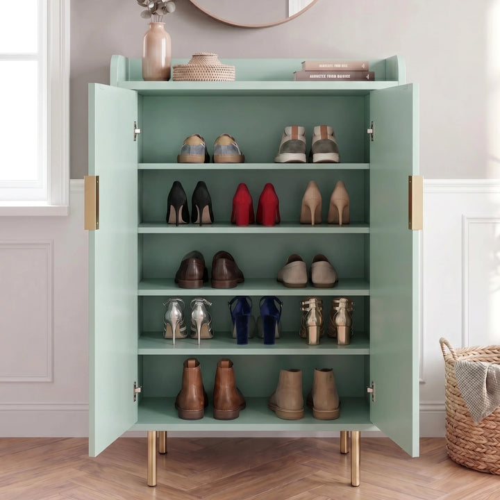[Green] Fluted Green Painted 5 Tier Shoe Storage closed in hallway with ribbed doors, brass handles, and slim legs