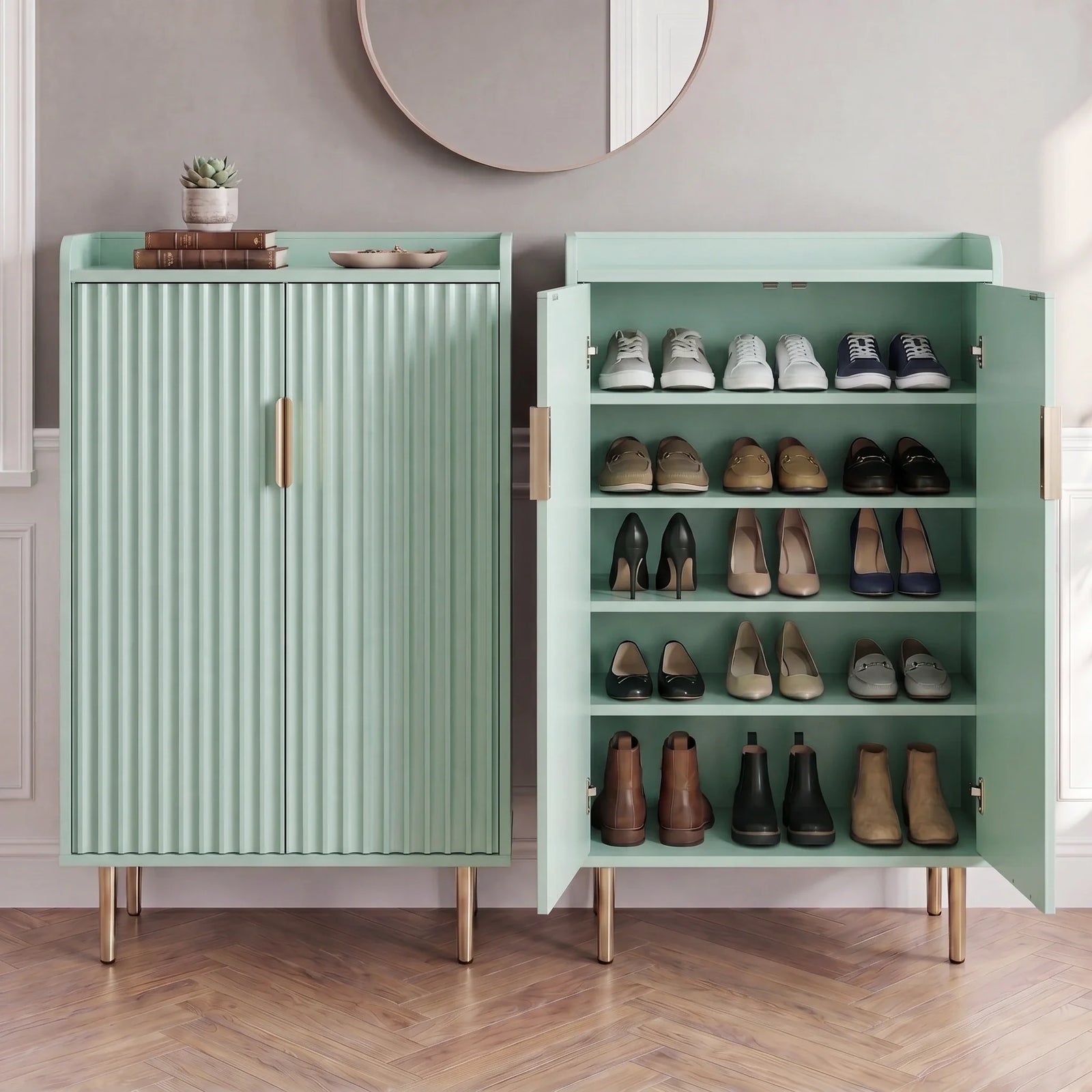 [Green] Fluted Green Painted 5 Tier Shoe Storage shown closed and open, with five shelves arranged for shoes.
URL: green-shoe-storage-open-closed