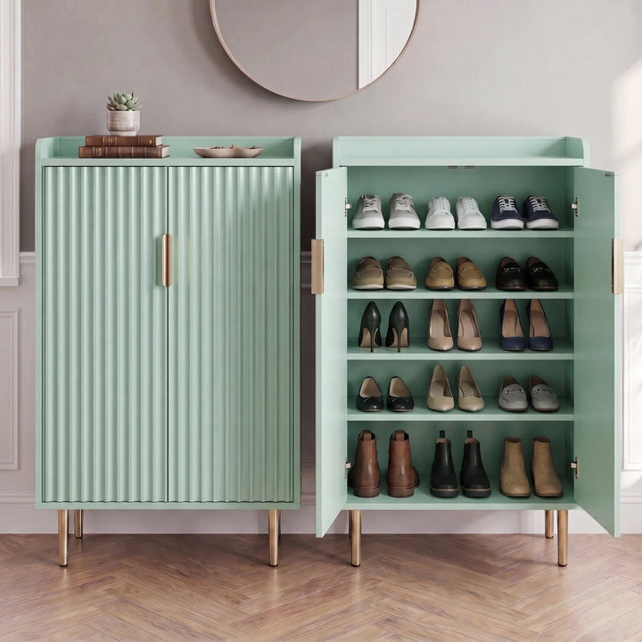 [Green] Fluted Green Painted 5 Tier Shoe Storage shown closed and open, with five shelves arranged for shoes.
URL: green-shoe-storage-open-closed