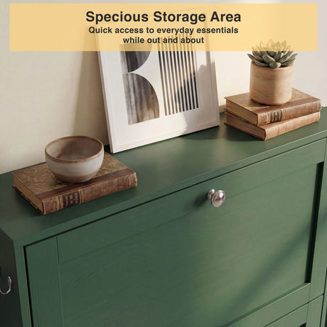 Green slim shoe cabinet top surface styled with decor highlighting space-saving hallway design