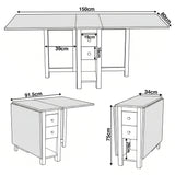 [Green] Stovra Drop Leaf Dining Table technical drawing showing fully extended, half open, and folded dimensions