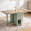 [Green] Stovra Drop Leaf Dining Table fully extended with four place settings and flowers in a bright dining room