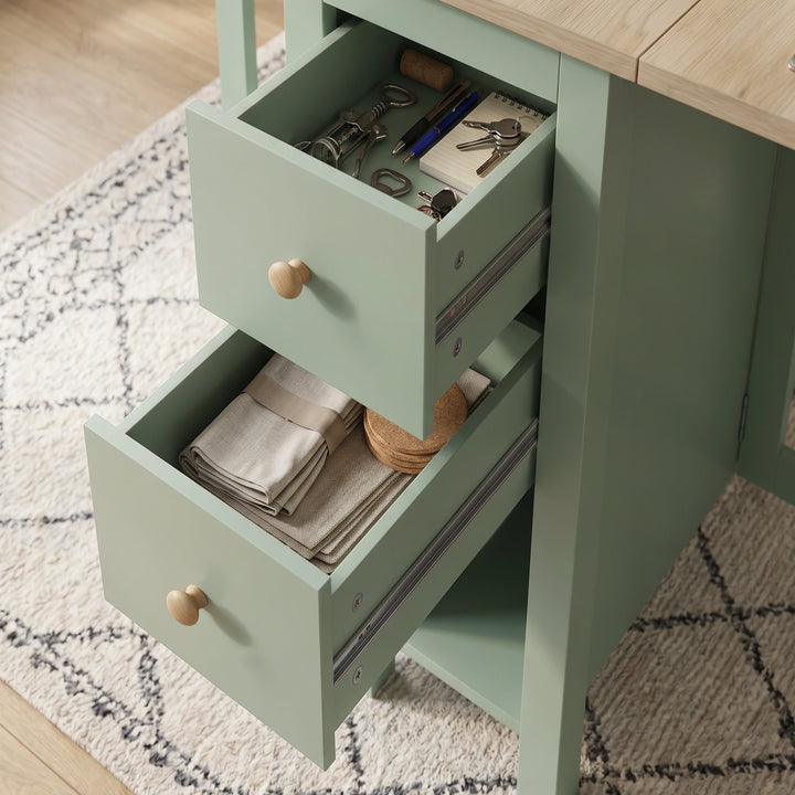 [Green] Stovra Drop Leaf Dining Table both drawers open showing cutlery and stationery in top and linens below