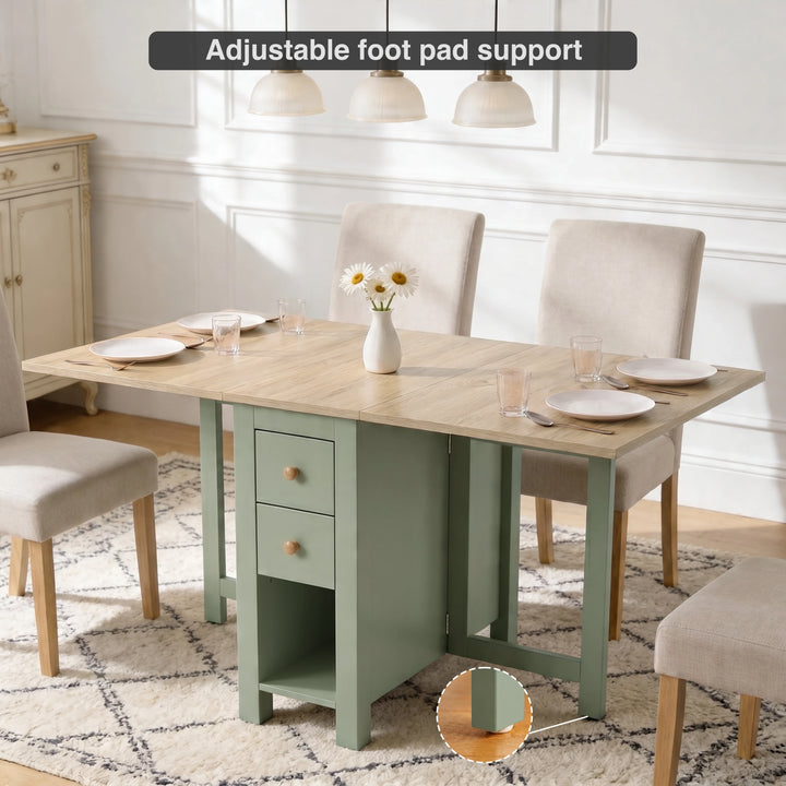 [Green] Stovra Drop Leaf Dining Table fully extended with four chairs and adjustable foot pad detail callout