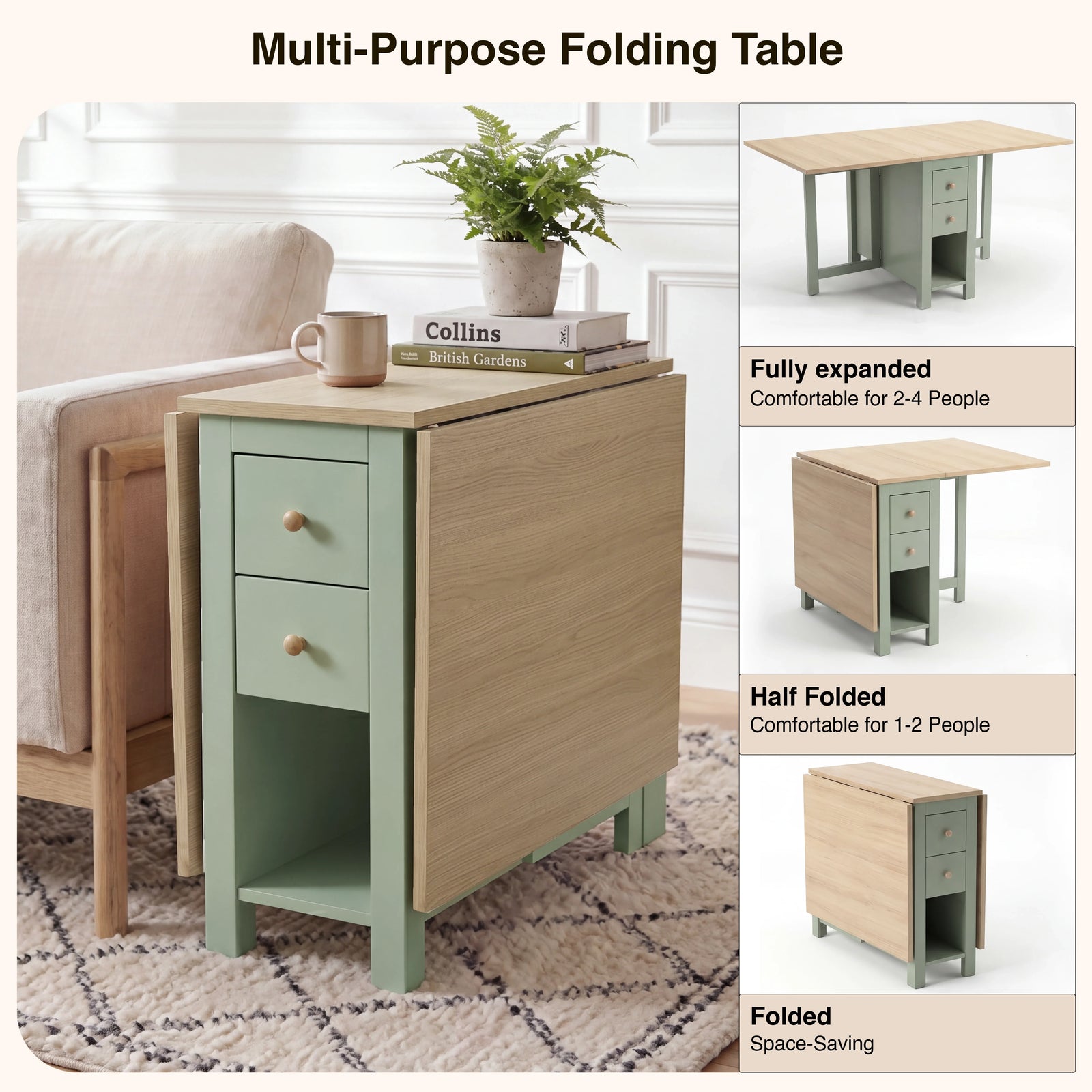 [Green] Stovra Drop Leaf Dining Table infographic showing fully expanded, half folded, and folded configurations