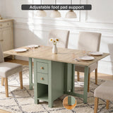 [Green] Stovra Drop Leaf Dining Table fully extended with four chairs and adjustable foot pad detail callout