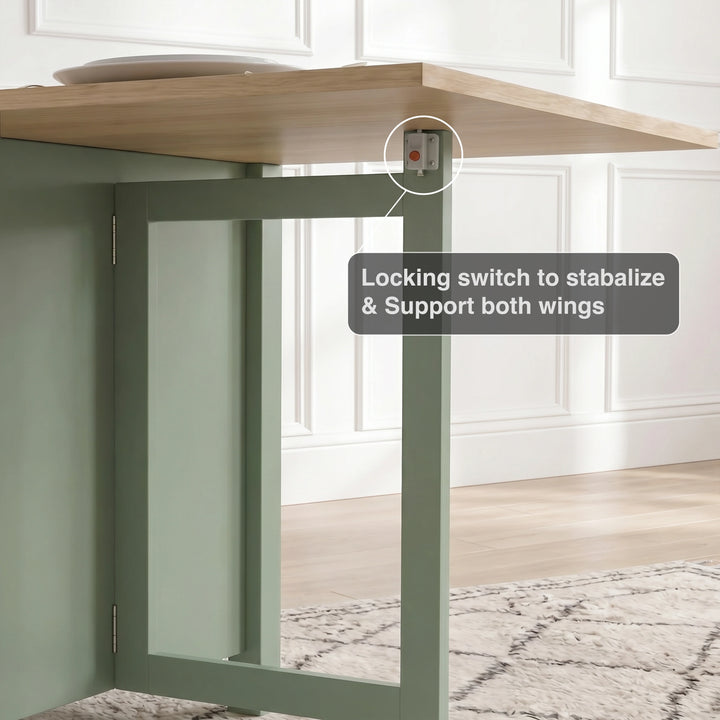 [Green] Stovra Drop Leaf Dining Table locking switch mechanism callout showing wing stabiliser hardware close up