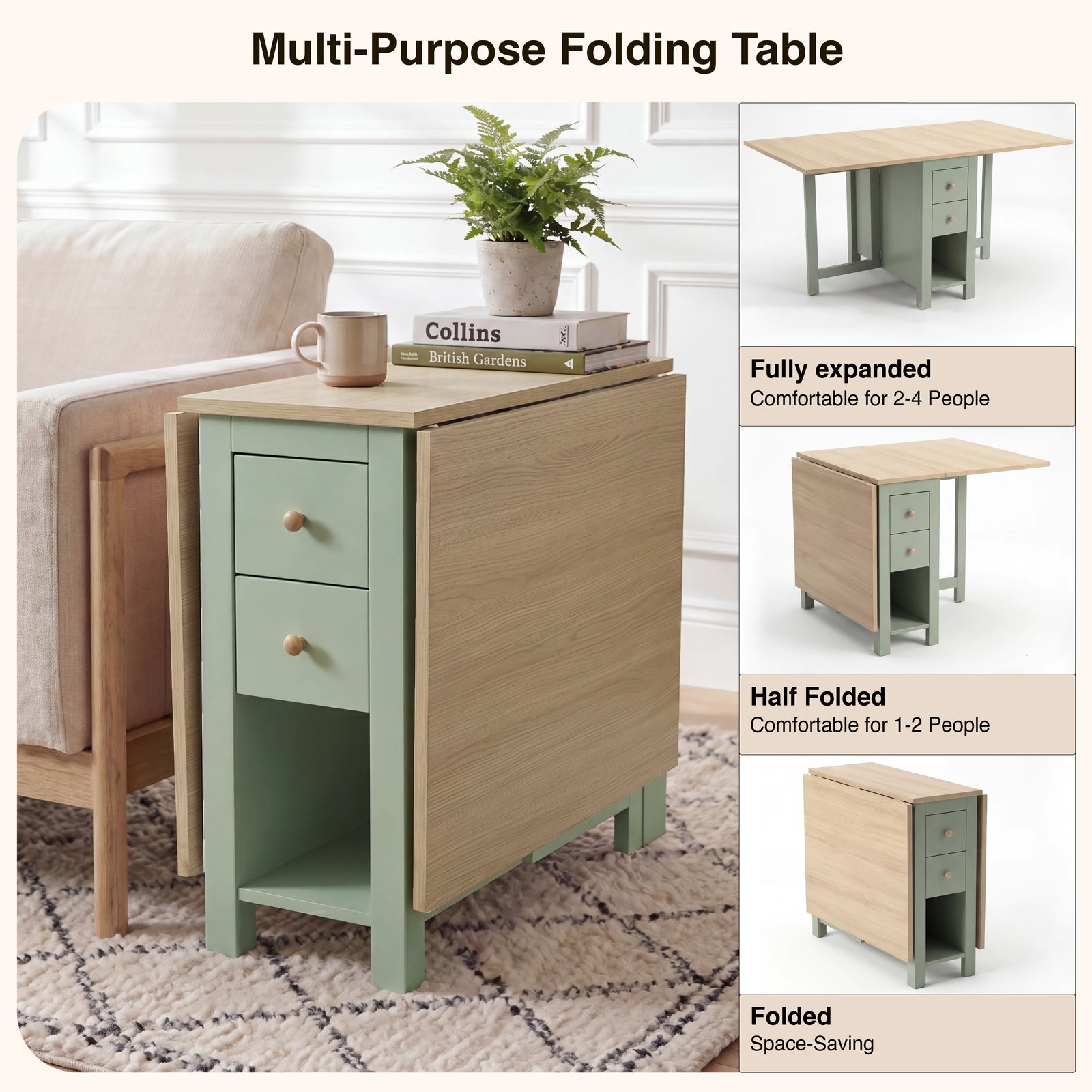 [Green] Stovra Drop Leaf Dining Table infographic showing fully expanded, half folded, and folded configurations