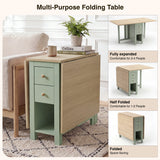 [Green] Stovra Drop Leaf Dining Table infographic showing fully expanded, half folded, and folded configurations