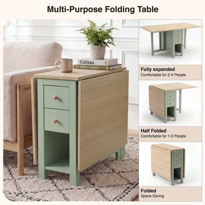 [Green] Stovra Drop Leaf Dining Table infographic showing fully expanded, half folded, and folded configurations