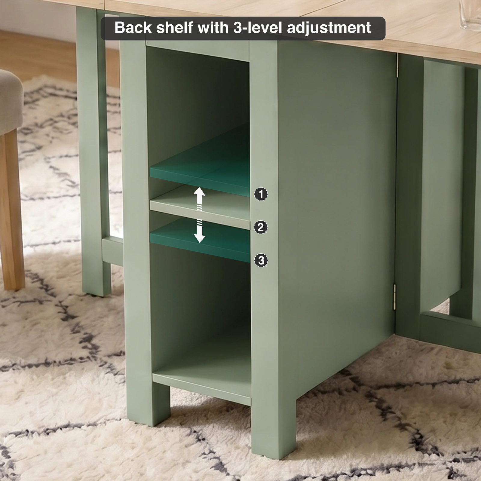 [Green] Stovra Drop Leaf Dining Table back shelf detail showing 3-level height adjustment positions with arrows